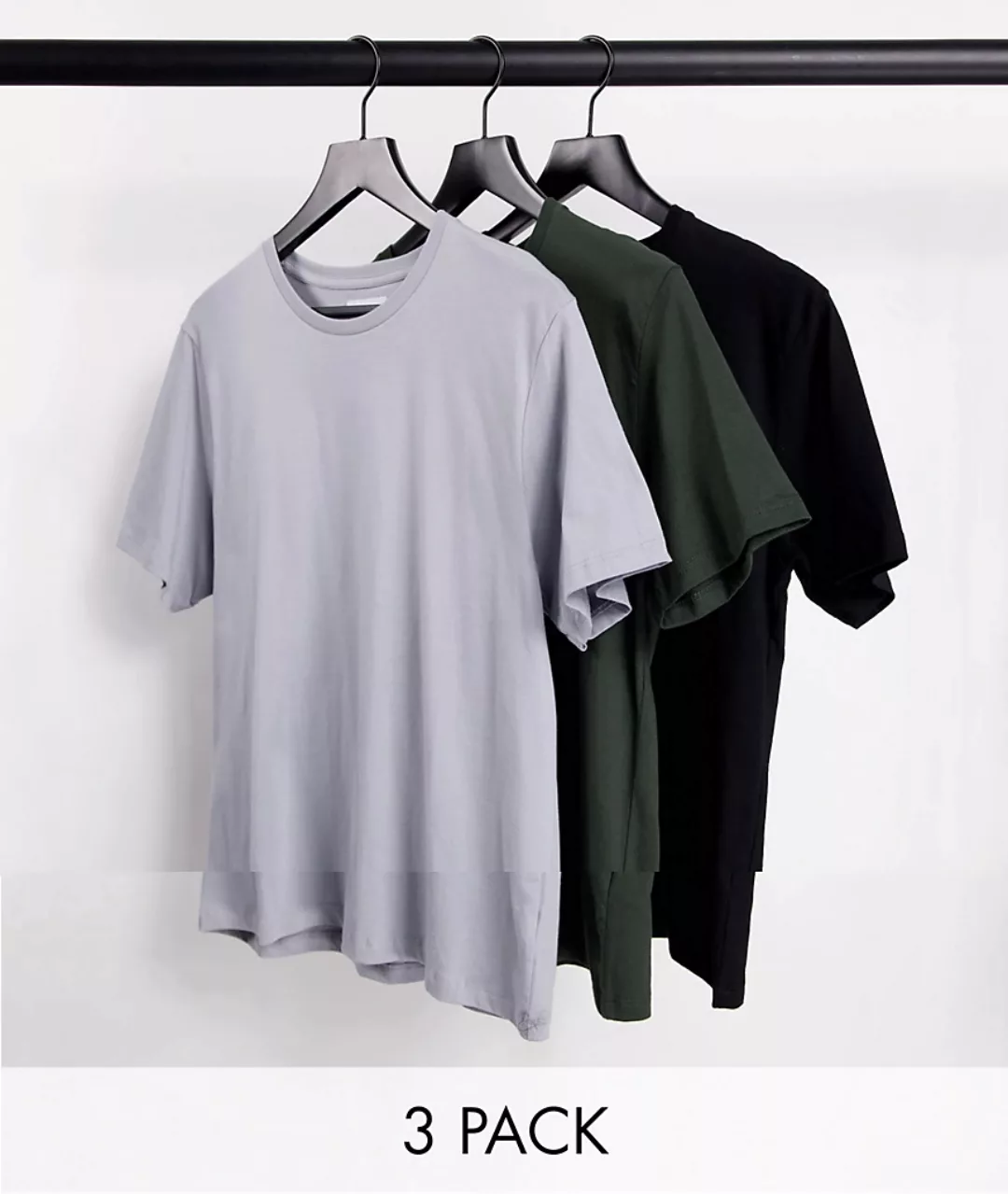 Topman – Klassische T-Shirts in Schwarz, Grau und Khaki im 3er-Pack-Mehrfar günstig online kaufen