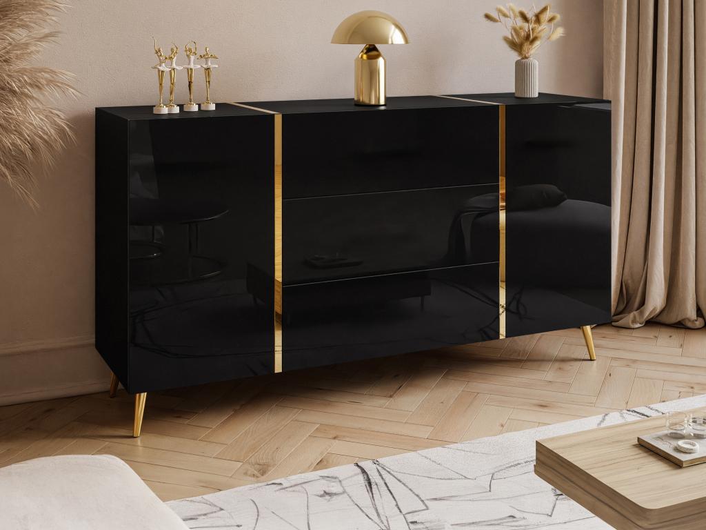Sideboard mit 2 Türen & 3 Schubladen - Schwarz glänzend & Goldfarben - MARZ günstig online kaufen