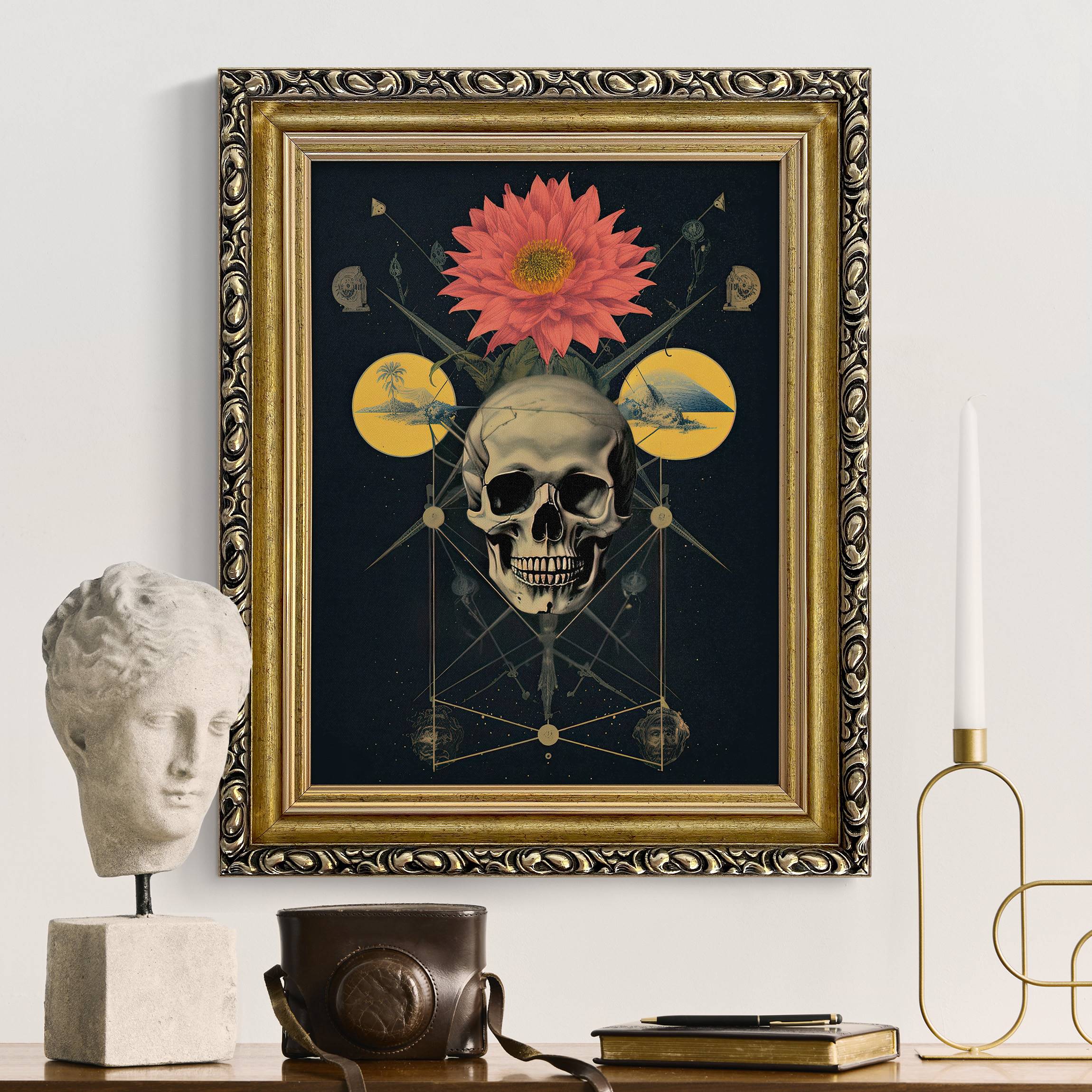 Gerahmtes Leinwandbild Alchemie Totenkopf mit Blume günstig online kaufen