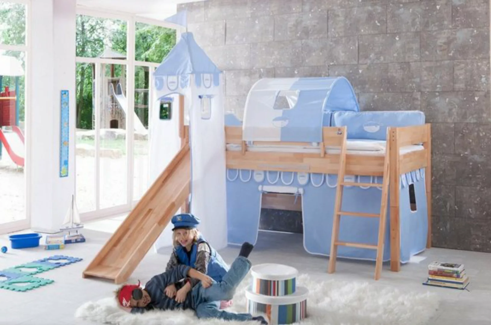 Natur24 Kinderbett Halbhohes Einzelbett Kim Buche 90x200cm mit Rutsche und günstig online kaufen