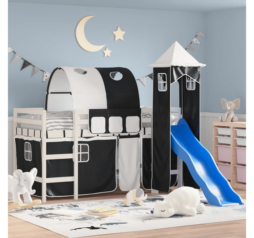 vidaXL Kinderbett Kinderhochbett mit Turm Weiß Schwarz 90x190 cm Kiefernhol günstig online kaufen