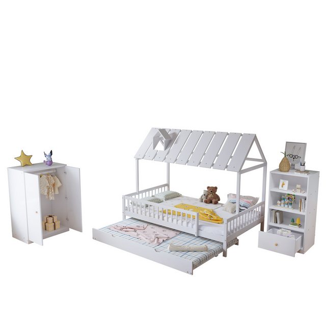 OKWISH Kinderbett Holzbett Hausbett Gästebett (Komplettschlafzimmer Set, 3- günstig online kaufen