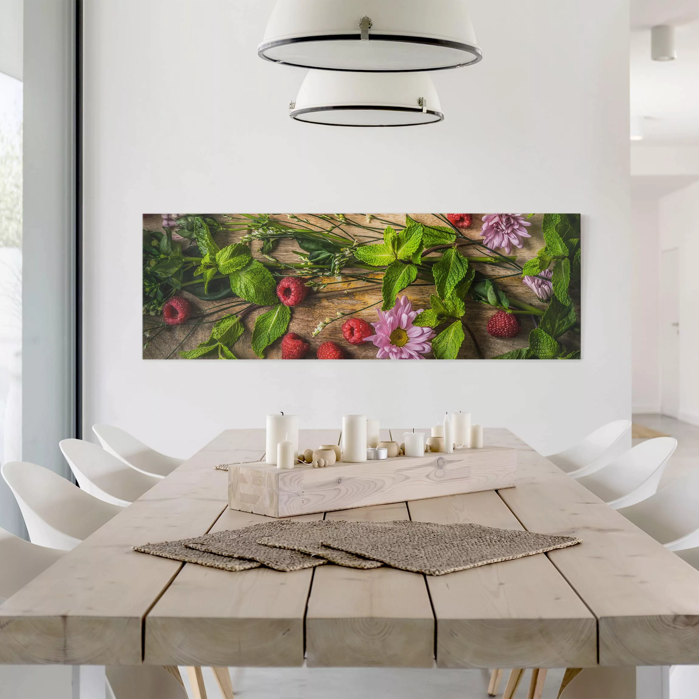 Leinwandbild Küche - Panorama Blumen Himbeeren Minze günstig online kaufen