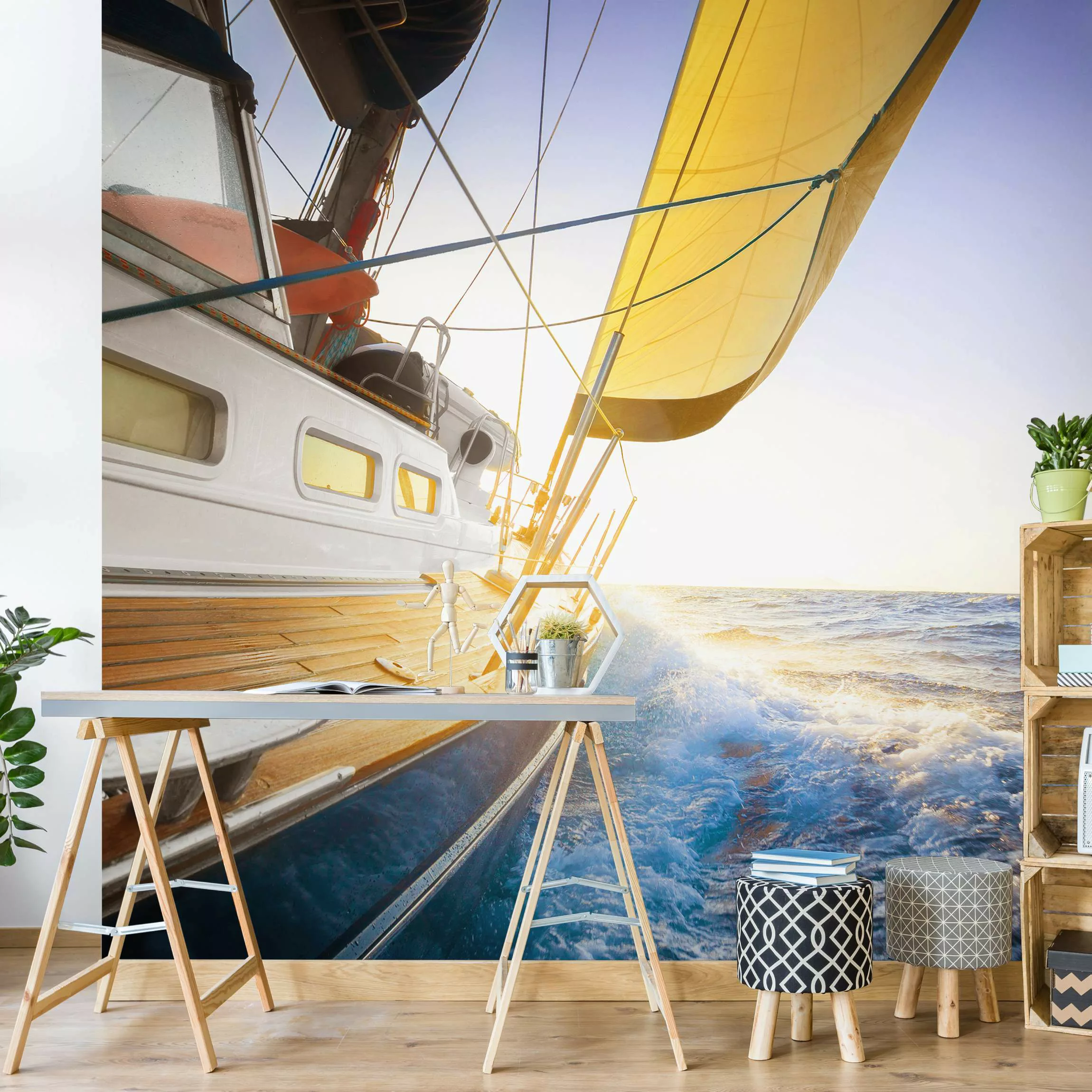 Fototapete Segelboot auf blauem Meer bei Sonnenschein günstig online kaufen
