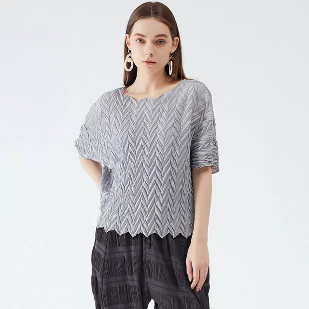 RUZU UG Blusentop Hemdbluse Damen-T-Shirt Plissiertem Oberteil Kurzen Ärmel günstig online kaufen