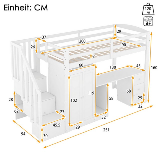 TavilaEcon Hochbett mit Kleiderschrank,Treppe und Schreibtisch mit Lattenro günstig online kaufen