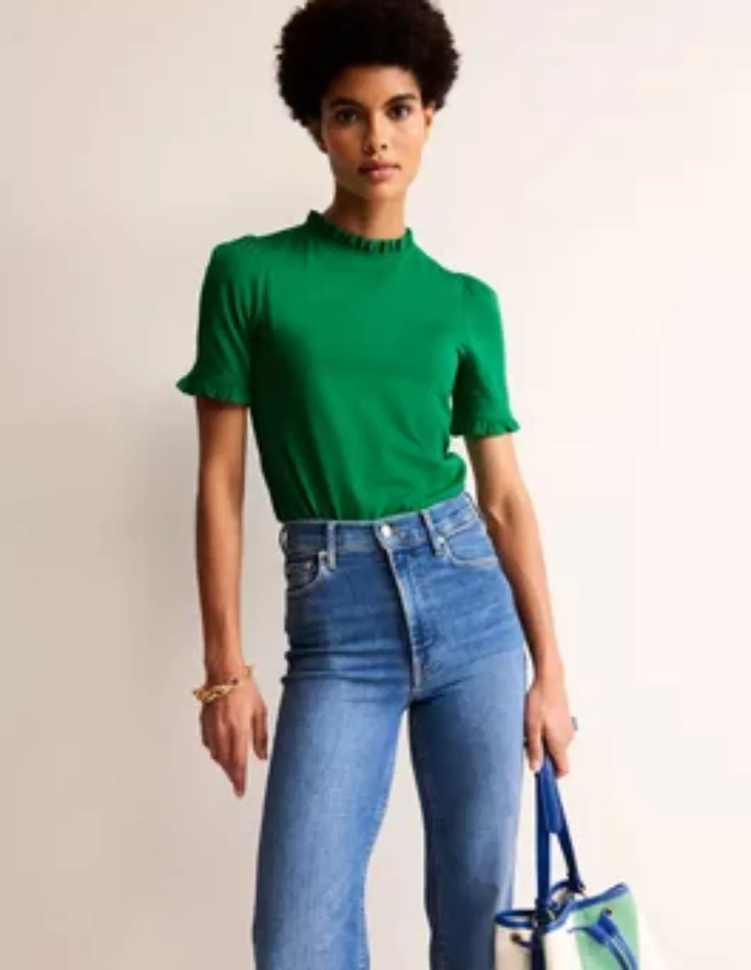 Superweiches T-Shirt mit Rüschendetail Damen Boden, Pfeffergrün günstig online kaufen