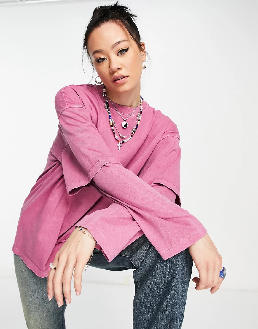 Topshop – Langärmliges 2-in-1-Skater-T-Shirt in rosa Waschung günstig online kaufen