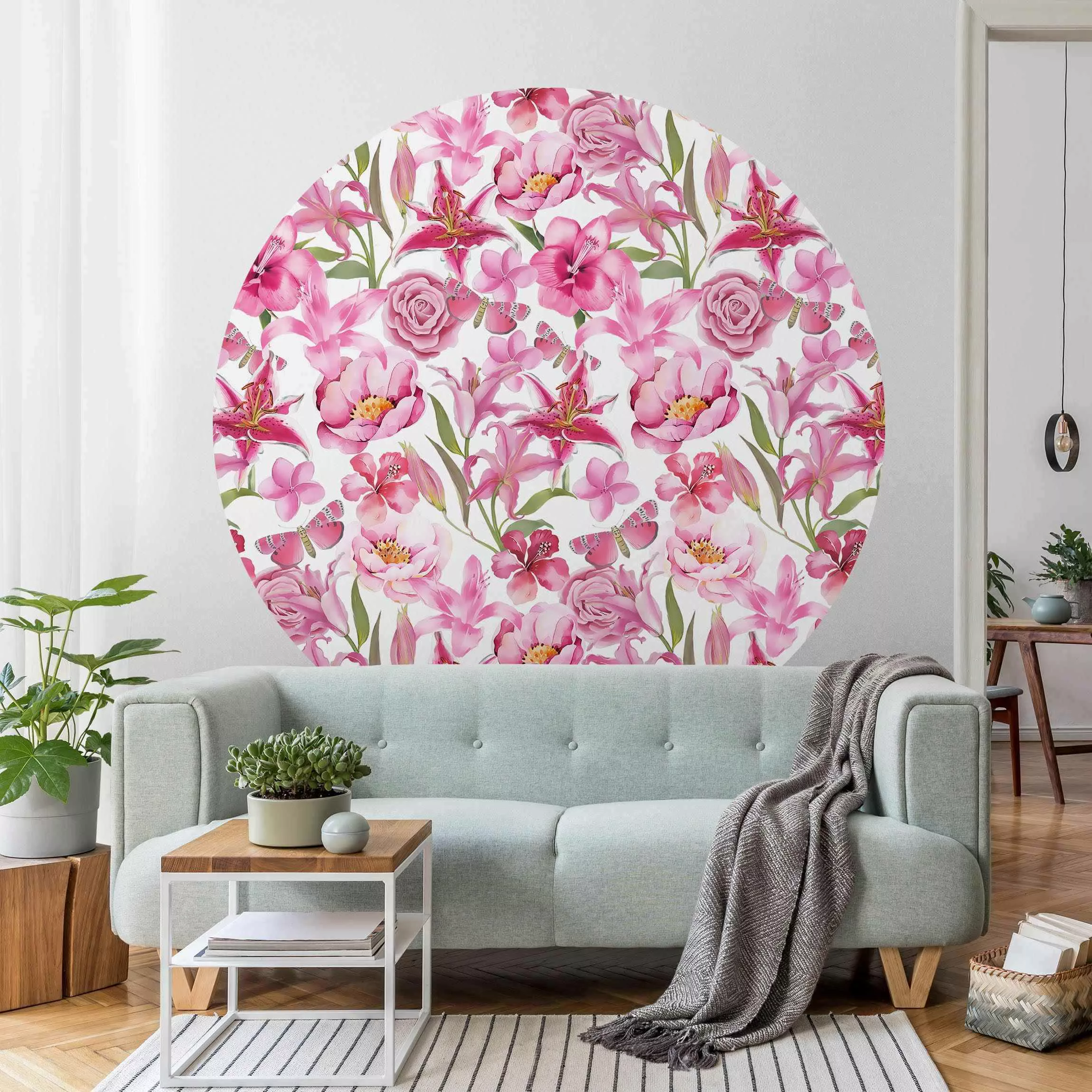 Runde Mustertapete selbstklebend Pinke Blumen mit Schmetterlingen günstig online kaufen