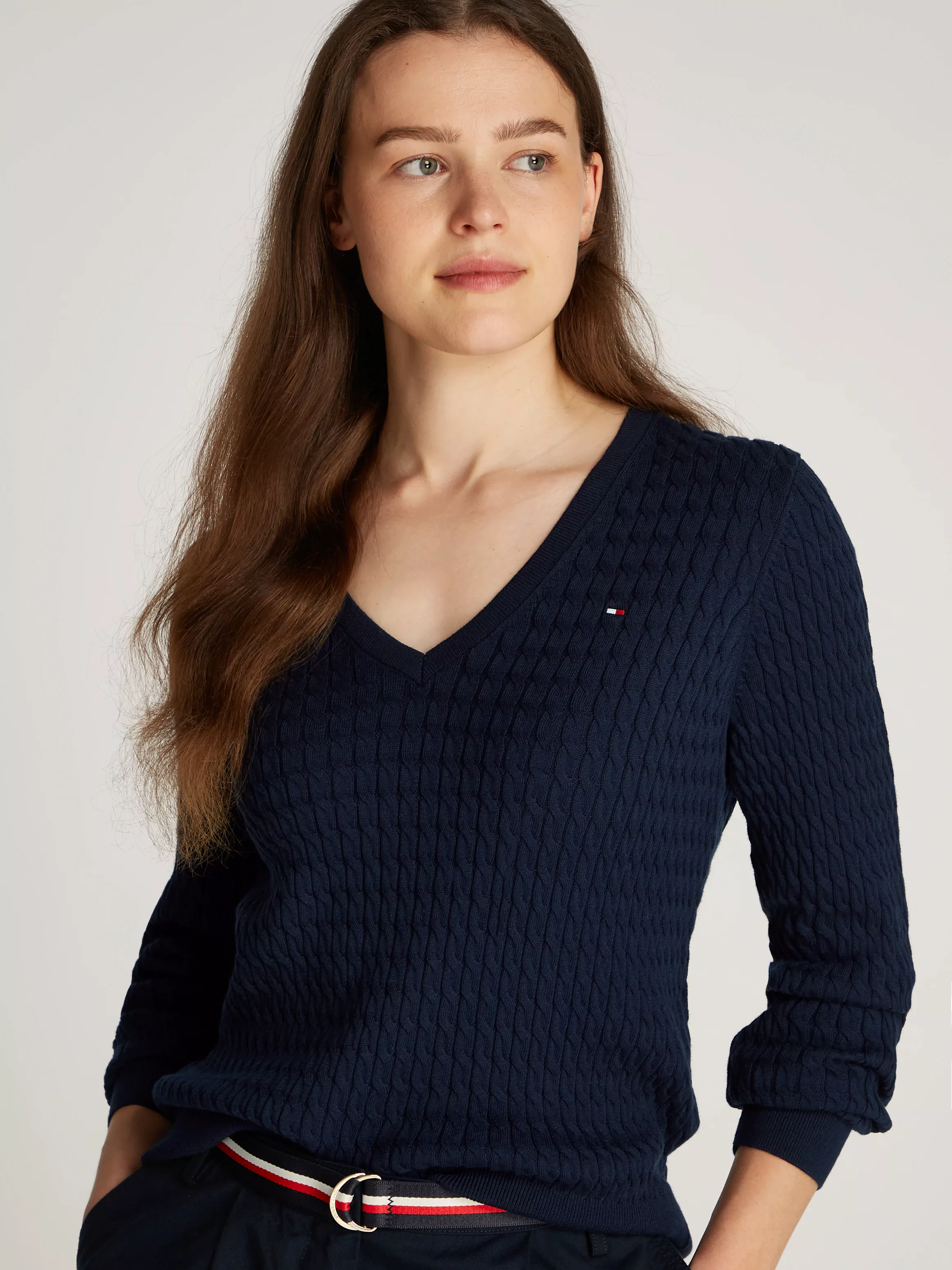 Tommy Hilfiger V-Ausschnitt-Pullover "CO CABLE V-NK LS SWT", mit Zopfmuster günstig online kaufen