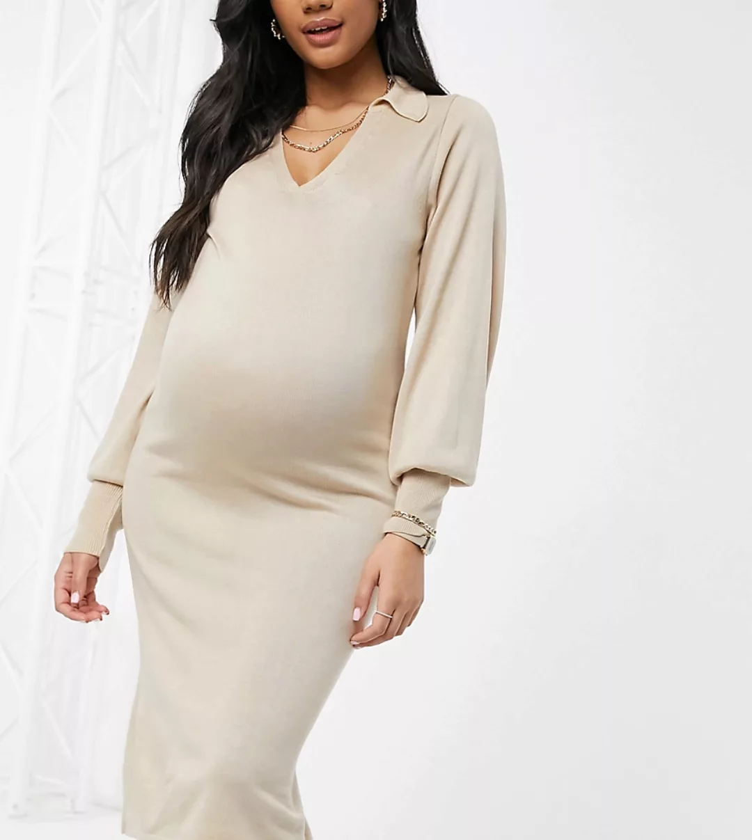 ASOS DESIGN Maternity – Midikleid mit offenem Kragen in Taupe-Neutral günstig online kaufen