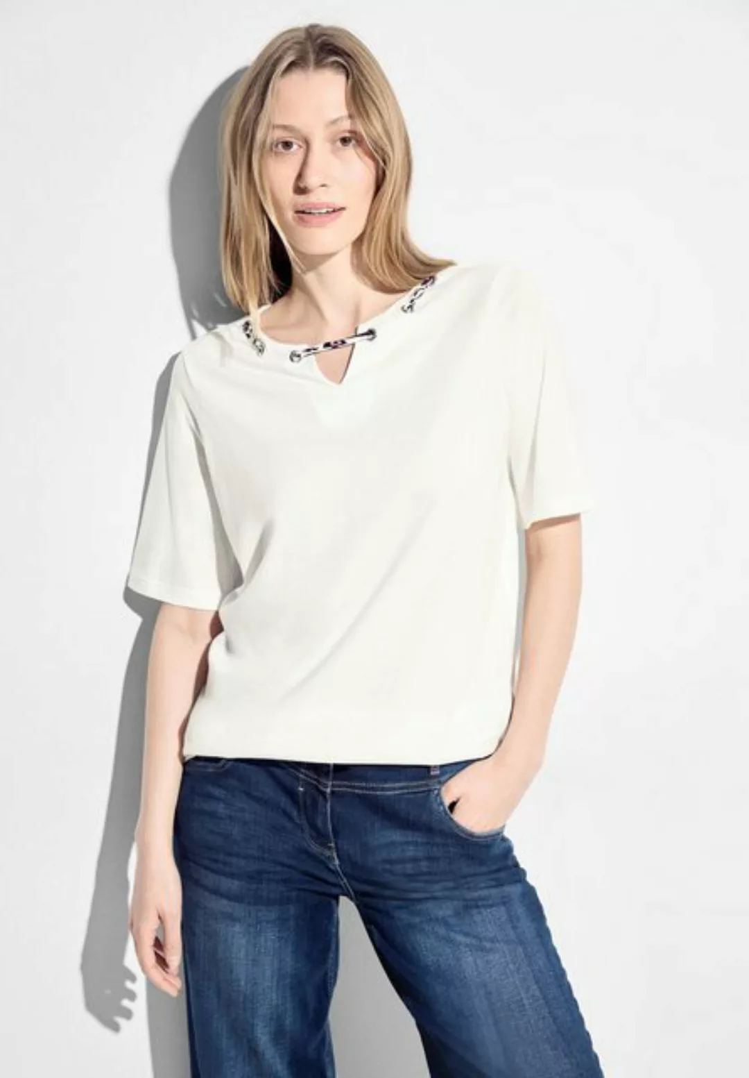 Cecil T-Shirt mit buntem Stringdetail am Ausschnitt günstig online kaufen