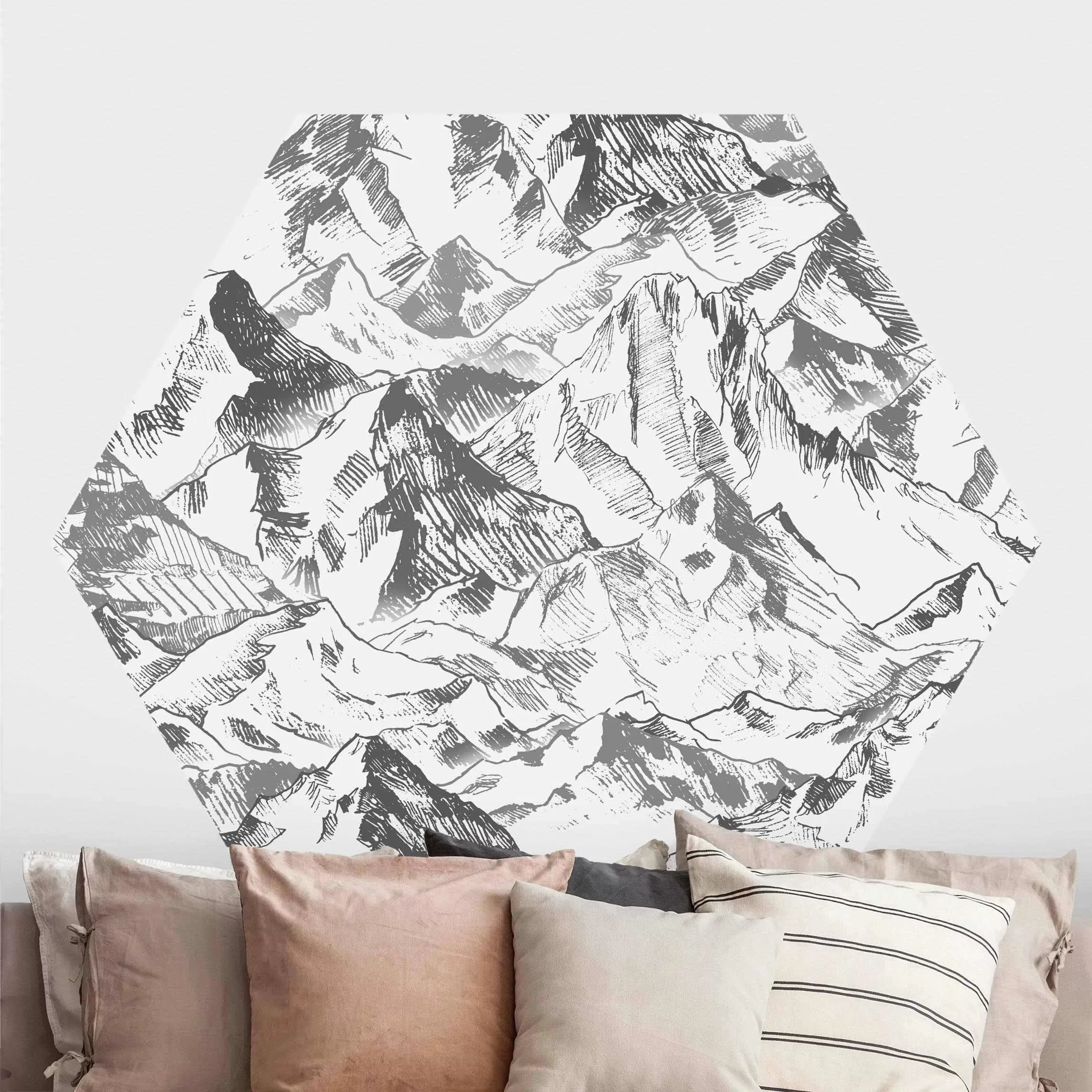 Hexagon Fototapete selbstklebend Illustration Berglandschaft Grau günstig online kaufen