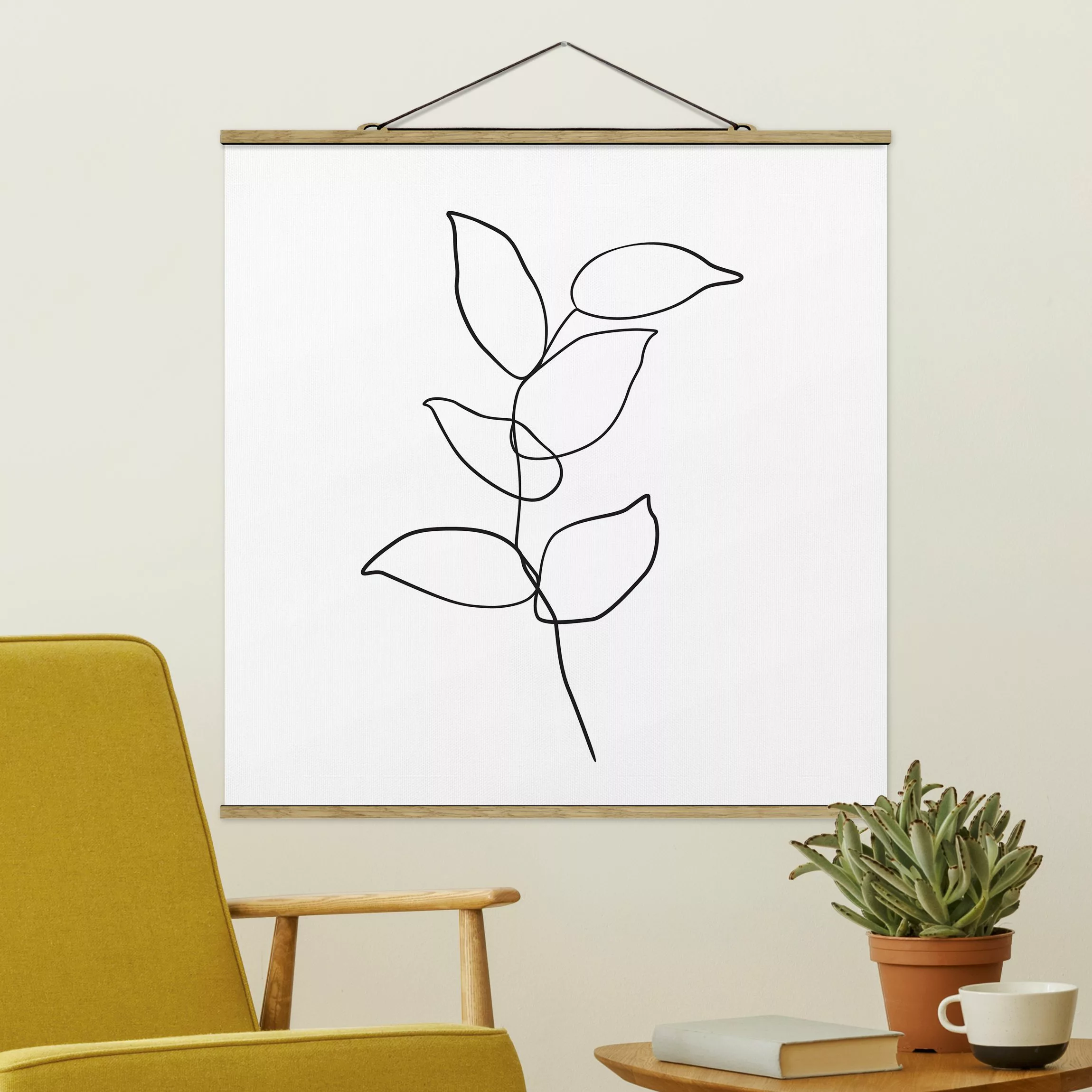 Stoffbild Blumen mit Posterleisten - Quadrat Line Art Zweig Schwarz Weiß günstig online kaufen