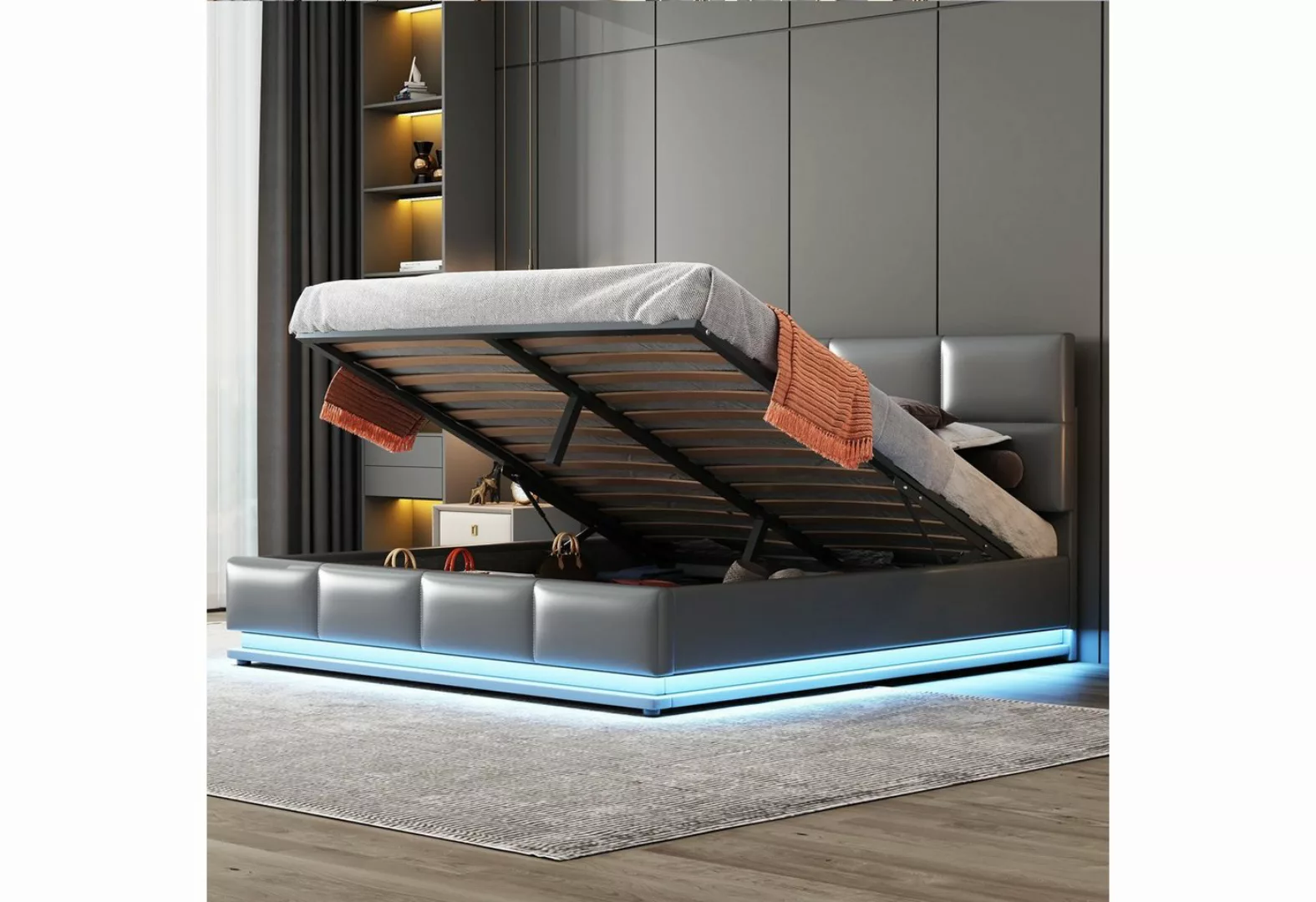 Flieks Polsterbett, LED hydraulisches Doppelbett Kunstleder 160x200cm günstig online kaufen
