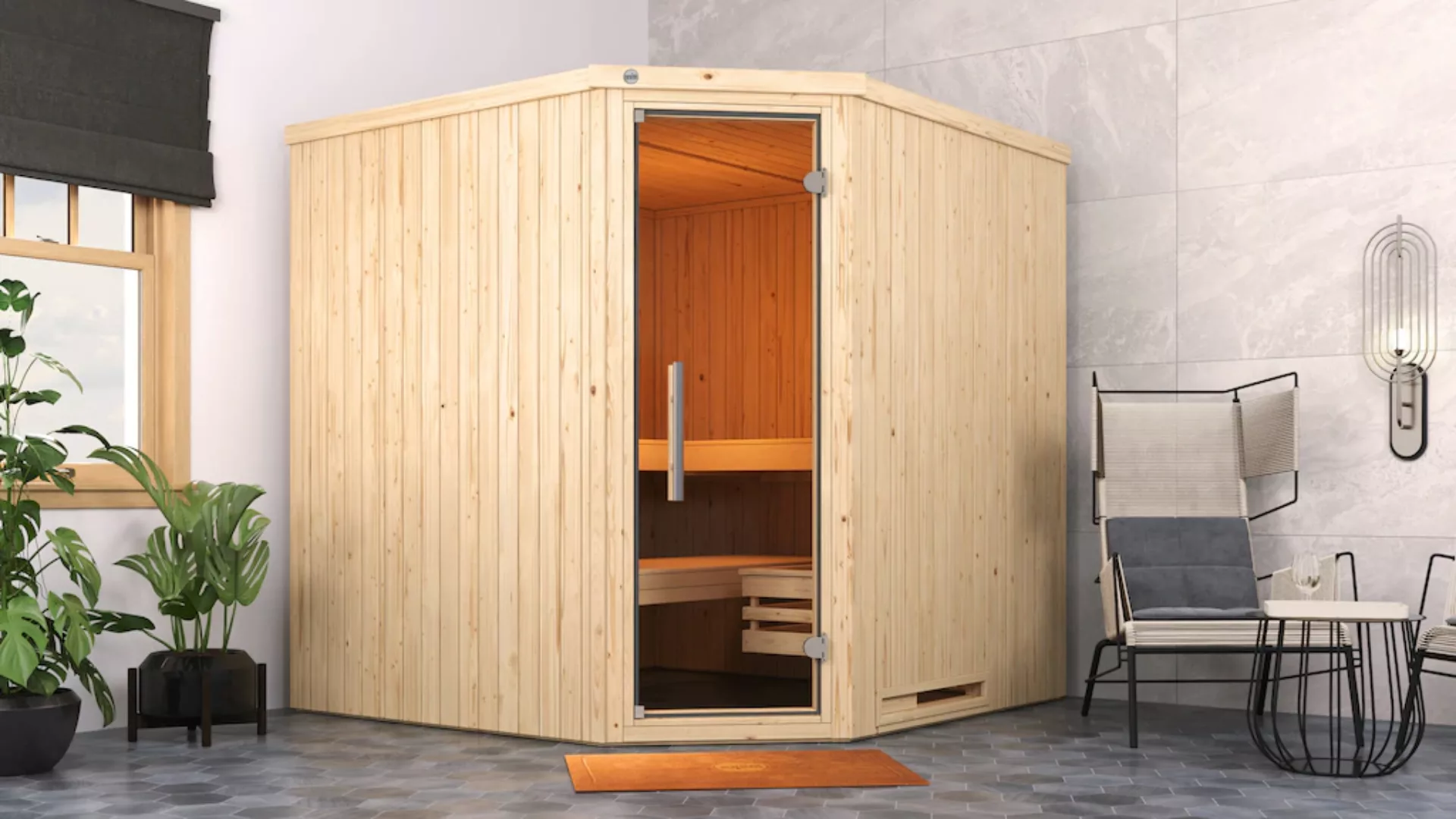 Weka Element-Ecksauna Varberg 3 Sparset 7,5 kW BioS Glastür günstig online kaufen