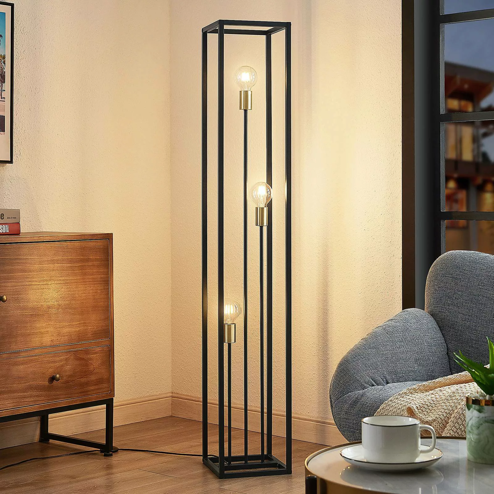 Lindby Tiliane Käfig-Stehlampe, schwarz, 3-flammig günstig online kaufen