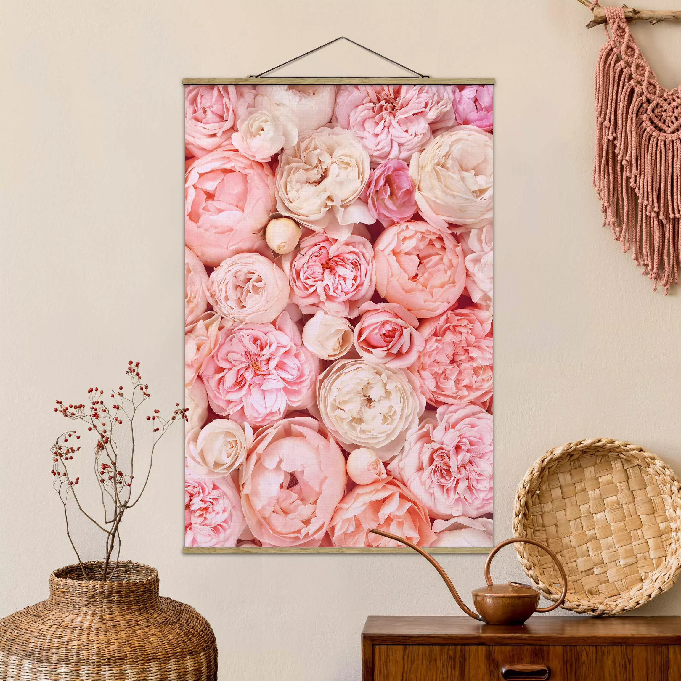 Stoffbild Blumen mit Posterleisten - Hochformat Rosen Rosé Koralle Shabby günstig online kaufen