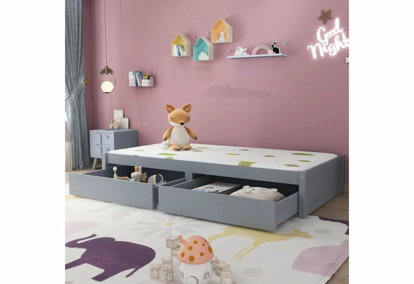 Flieks Kinderbett, Holzbett Einzelbett Bodenbett mit 2 Schubladen 90x200cm günstig online kaufen