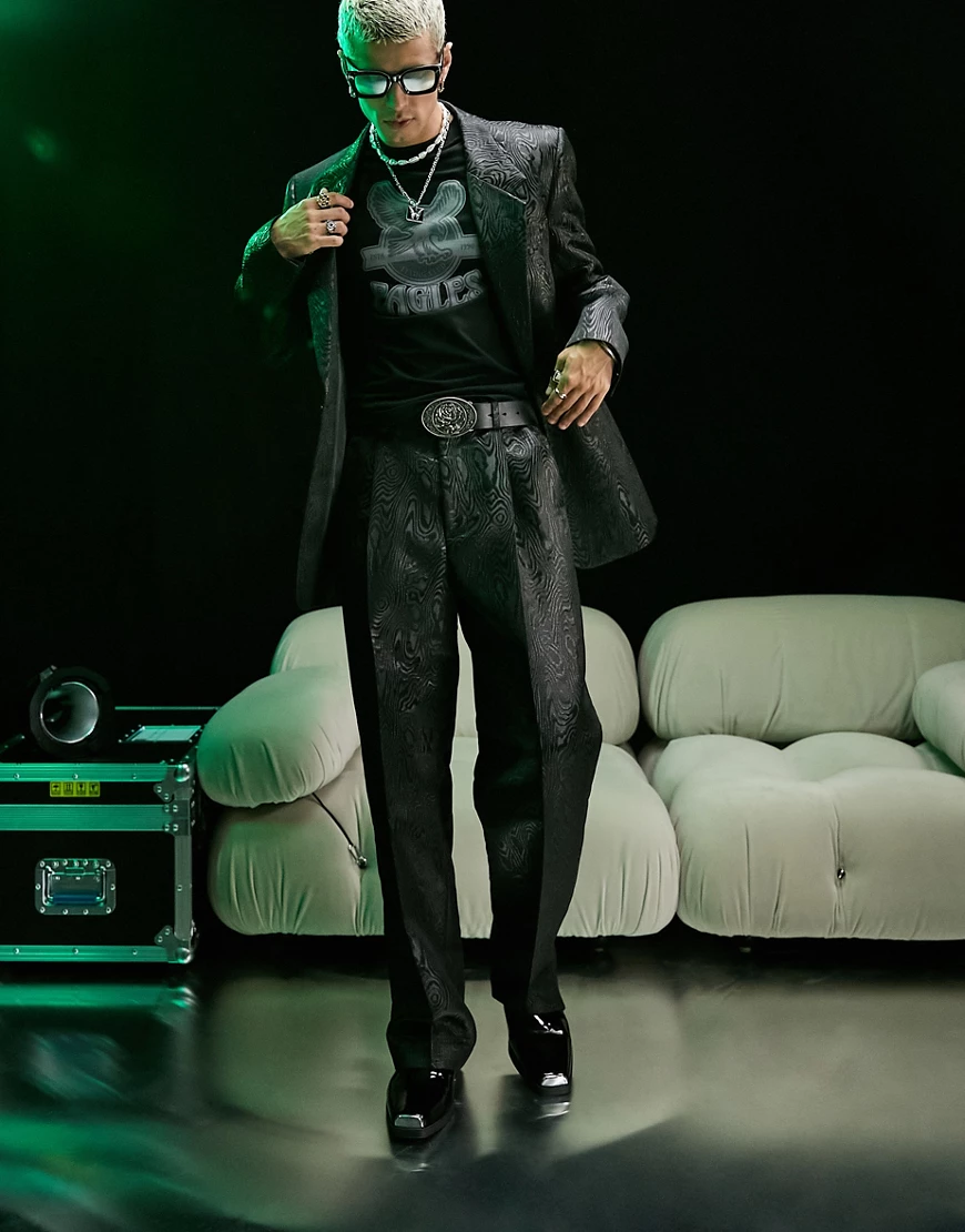 ASOS DESIGN – Anzughose in Schwarz mit weitem Bein und Moire-Jacquardmuster günstig online kaufen
