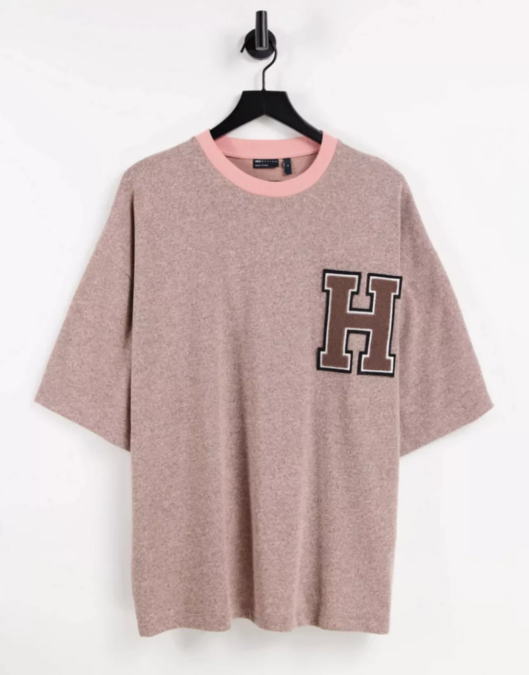 ASOS DESIGN – Schweres Oversized-T-Shirt in rosa Kalk mit Brustaufnäher günstig online kaufen