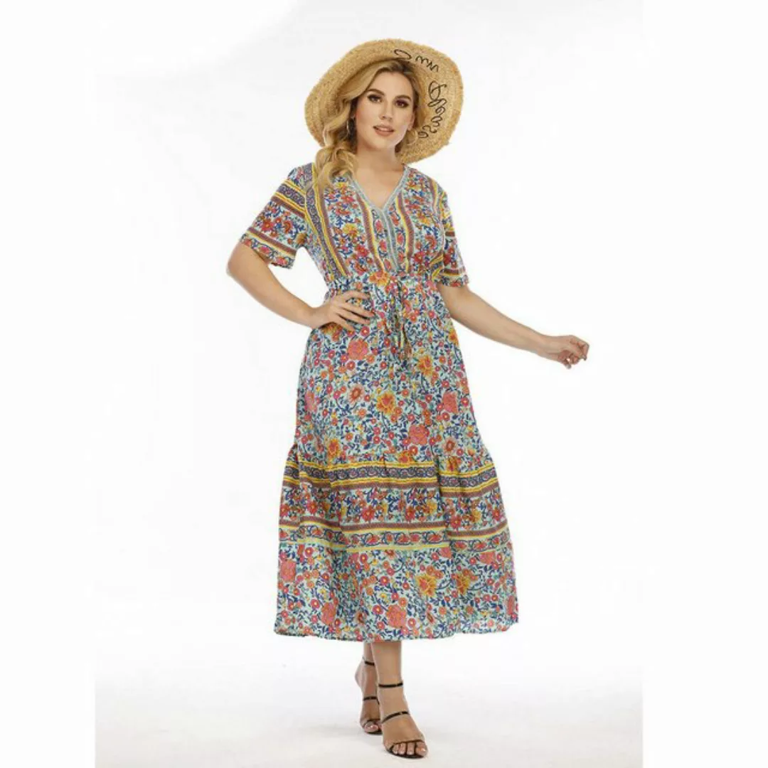 AUKUU Sommerkleid Retro Blumen Maxikleid, Bohemian-Stil, Spitze V-Ausschnit günstig online kaufen