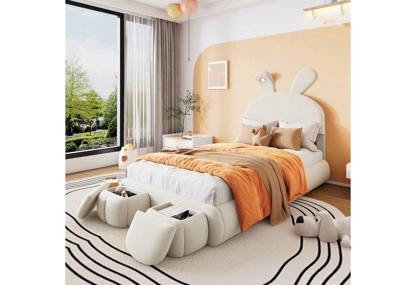Flieks Polsterbett, LED Einzelbett 90x200cm mit Hasenohren Kopfteil und 2 S günstig online kaufen