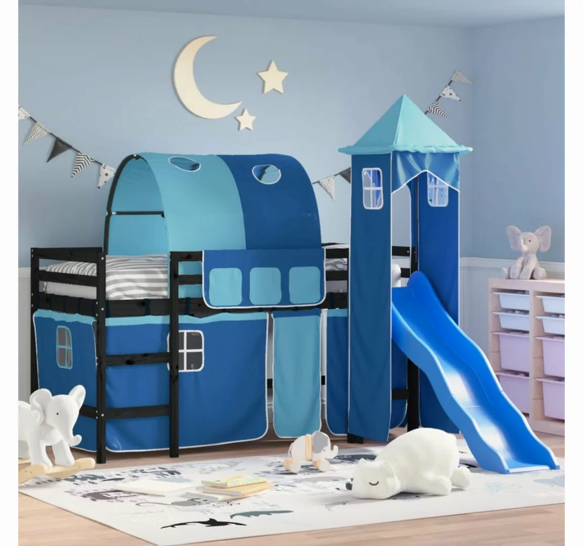 vidaXL Kinderbett Kinderhochbett mit Turm Blau 80x200 cm Massivholz Kiefer günstig online kaufen