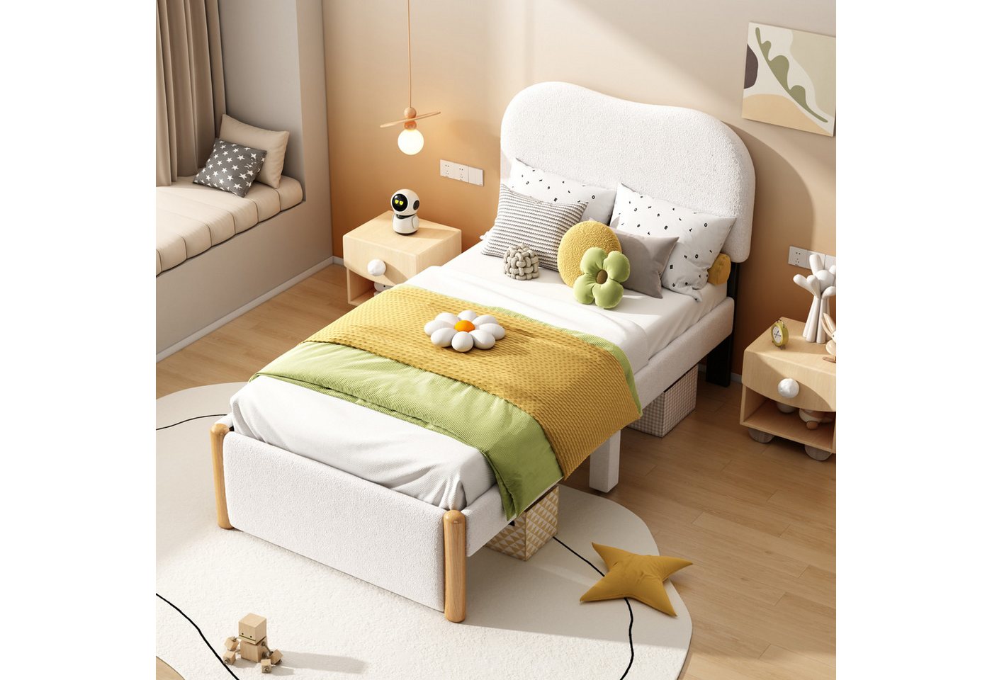 FUROKOY Polsterbett Minimalistischer Stil Flachbett Kinderbett 90x200cm,Wei günstig online kaufen