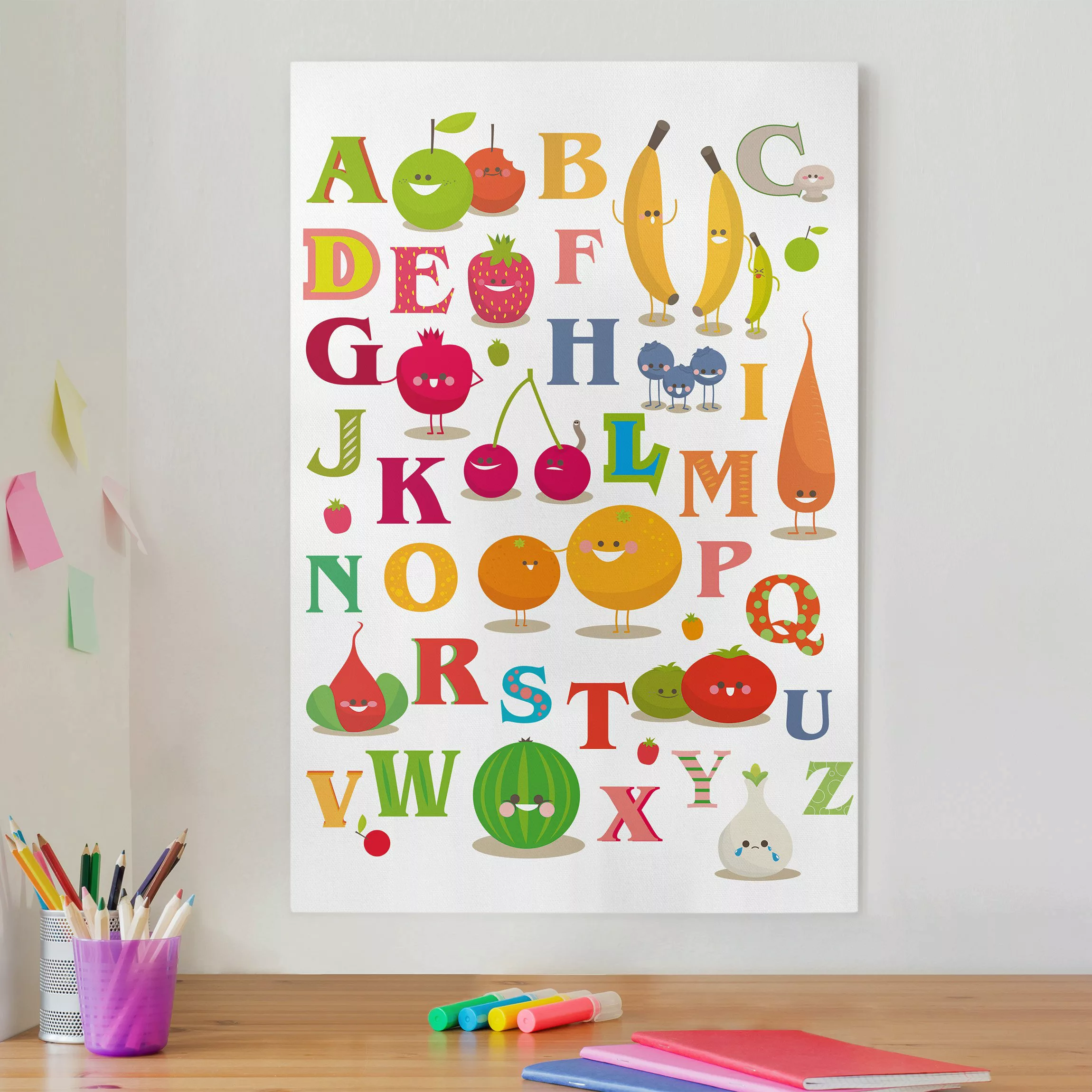 Leinwandbild Kinderzimmer - Hochformat Lustiges Obst & Gemüse Alphabet günstig online kaufen