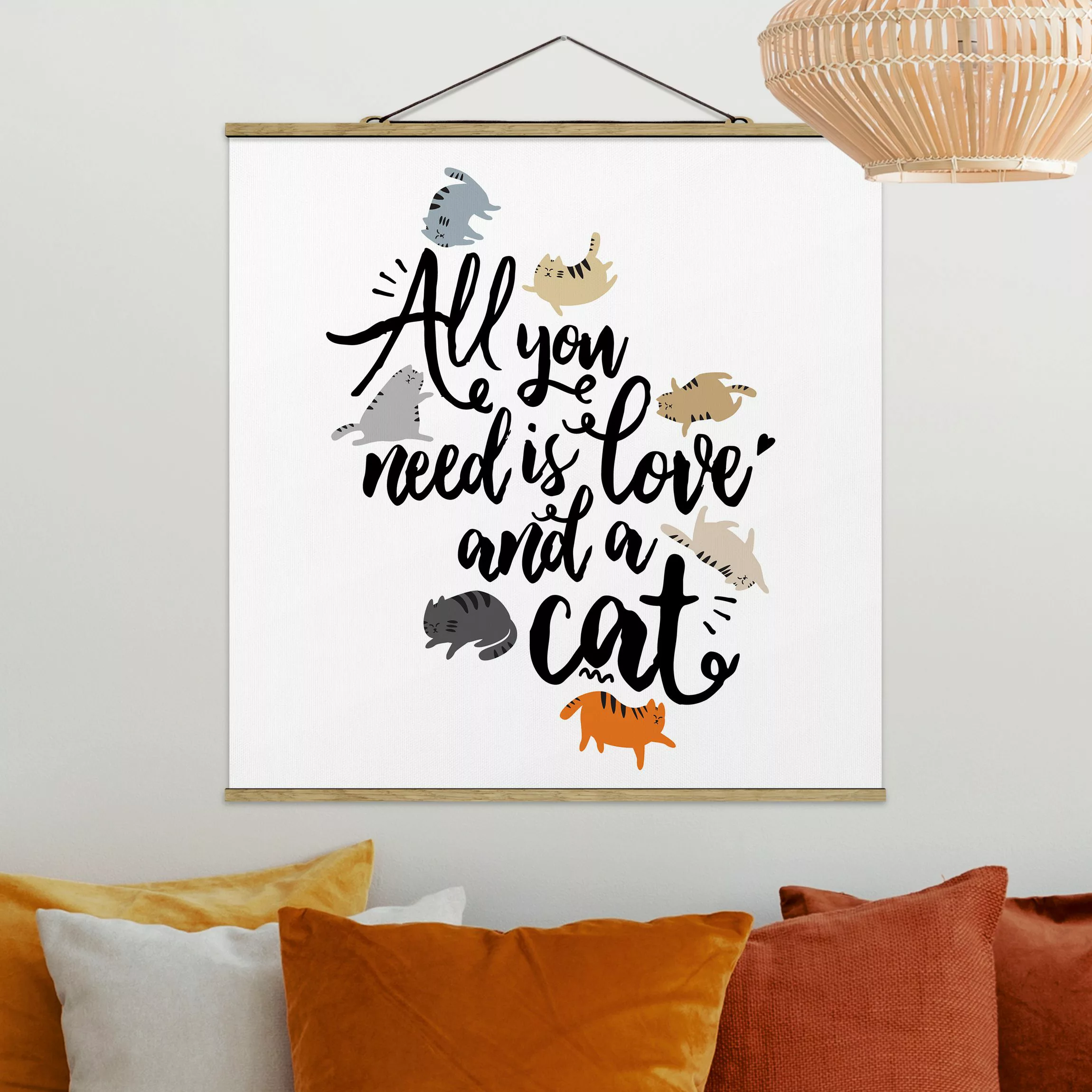 Stoffbild Spruch mit Posterleisten - Quadrat All you need is love and a cat günstig online kaufen