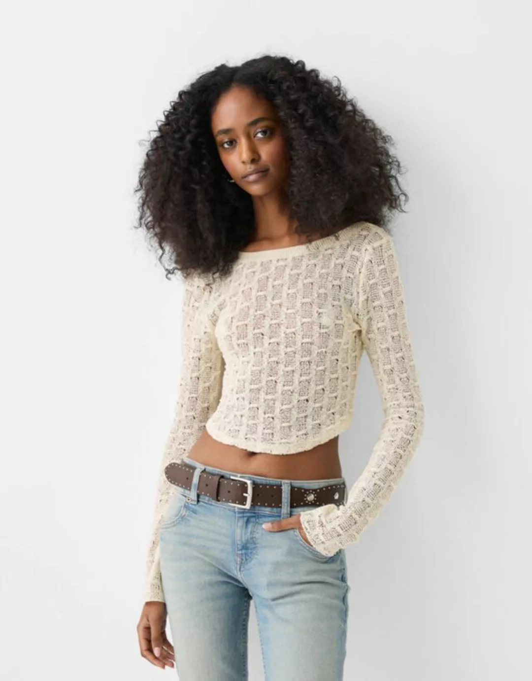 Bershka Rustikaler Cropped-Pullover Damen Xs Rohweiß günstig online kaufen
