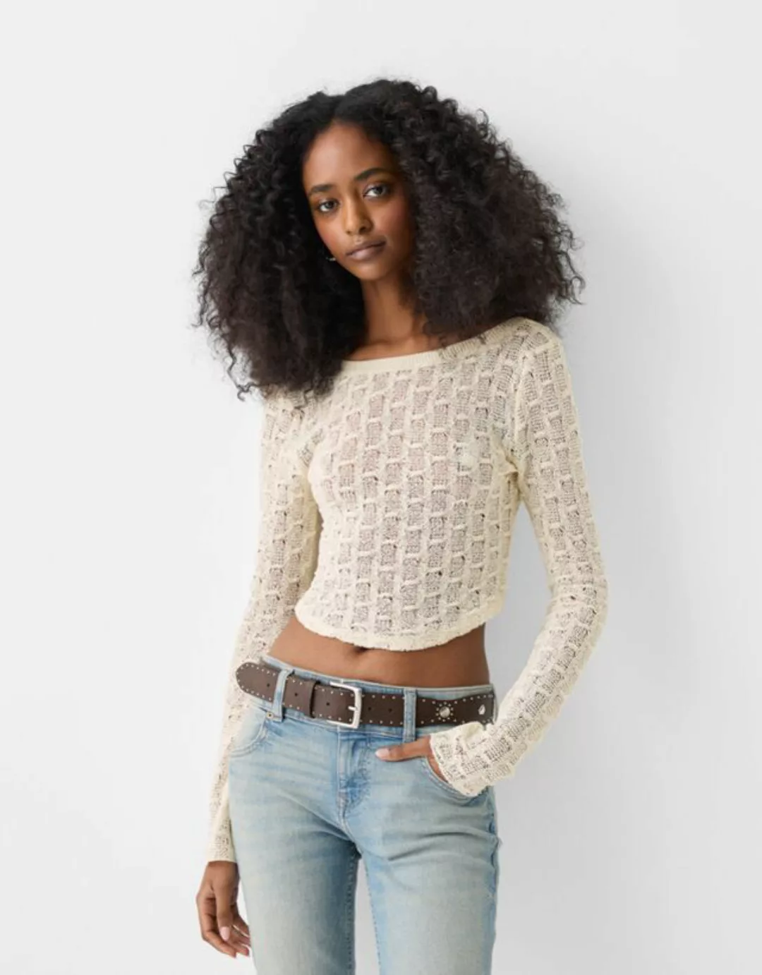 Bershka Rustikaler Cropped-Pullover Damen M Rohweiß günstig online kaufen