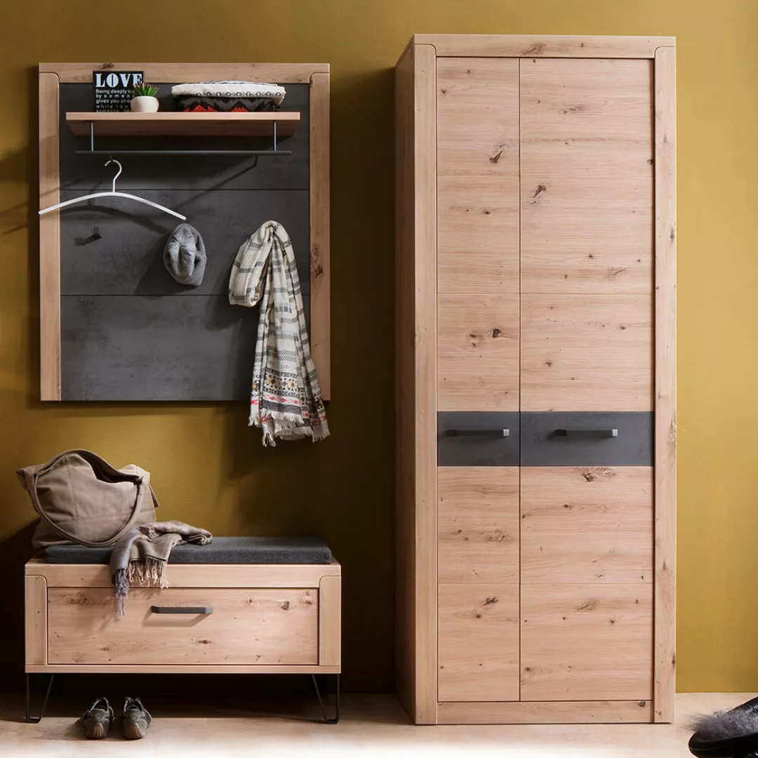 Flurmöbel Set modern mit Garderobenschrank Eiche mit grau IOLA-05, 3-teilig günstig online kaufen