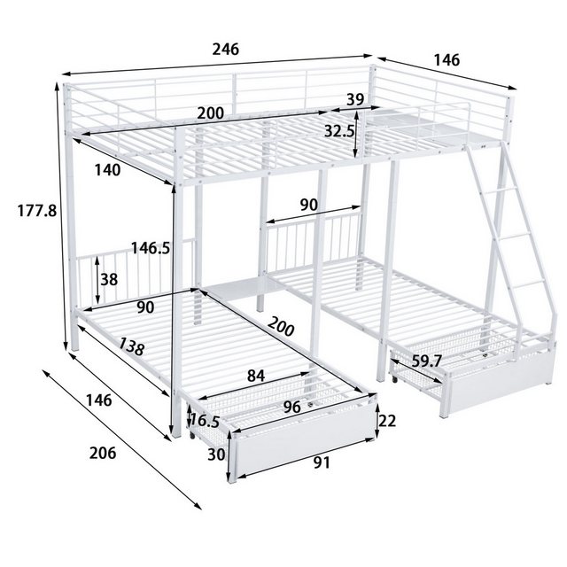 SeedWave Etagenbett Dreifaches Etagenbett mit Zwei Schubladen, Metall-Etage günstig online kaufen