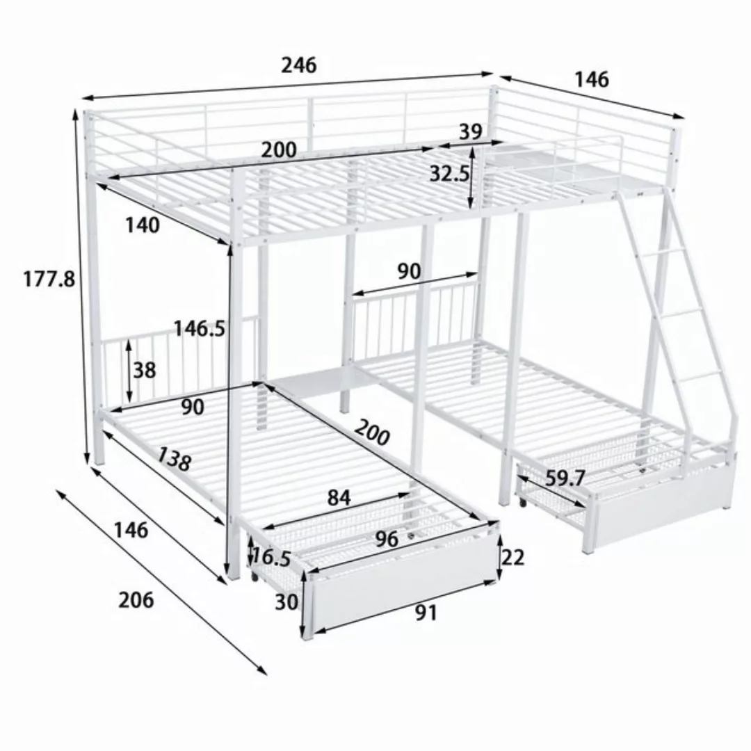 SeedWave Etagenbett Dreifaches Etagenbett mit Zwei Schubladen, Metall-Etage günstig online kaufen