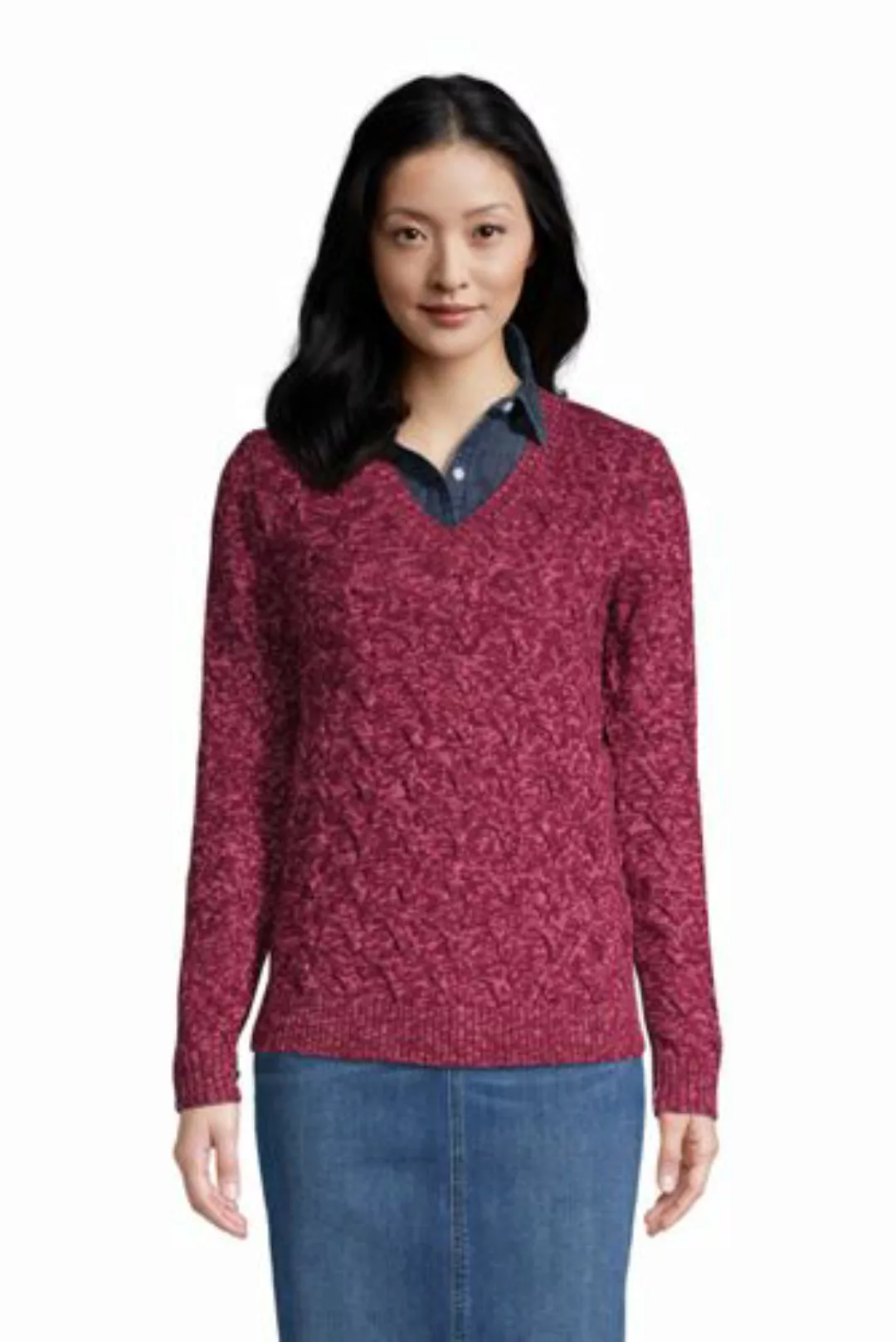 Zopfmuster-Pullover DRIFTER mit V-Ausschnitt, Damen, Größe: XS Normal, Rot, günstig online kaufen