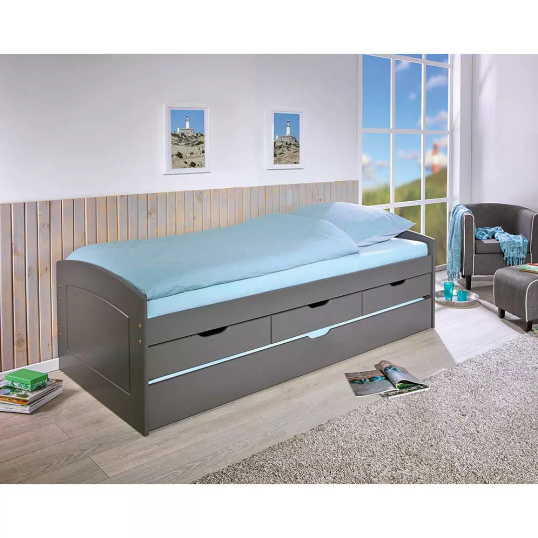 Stauraum Bett in Grau Kiefer Massivholz günstig online kaufen