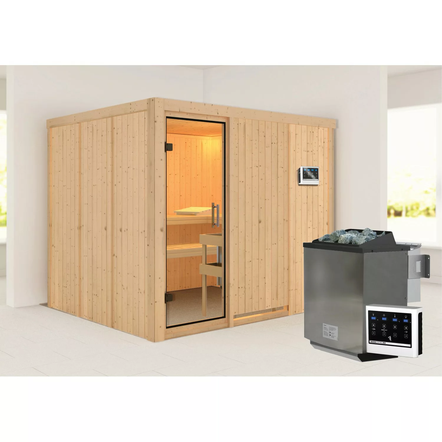 Karibu Sauna Gunda mit Bio-Ofen externe Stg.Easy Natur günstig online kaufen