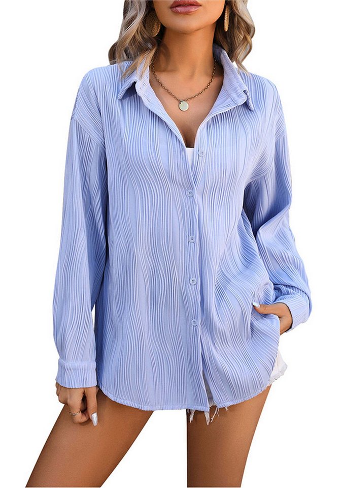 Zoclack Langarmbluse Damen Bluse Hemden Wellenstreifen Langarmshirt mit Knö günstig online kaufen