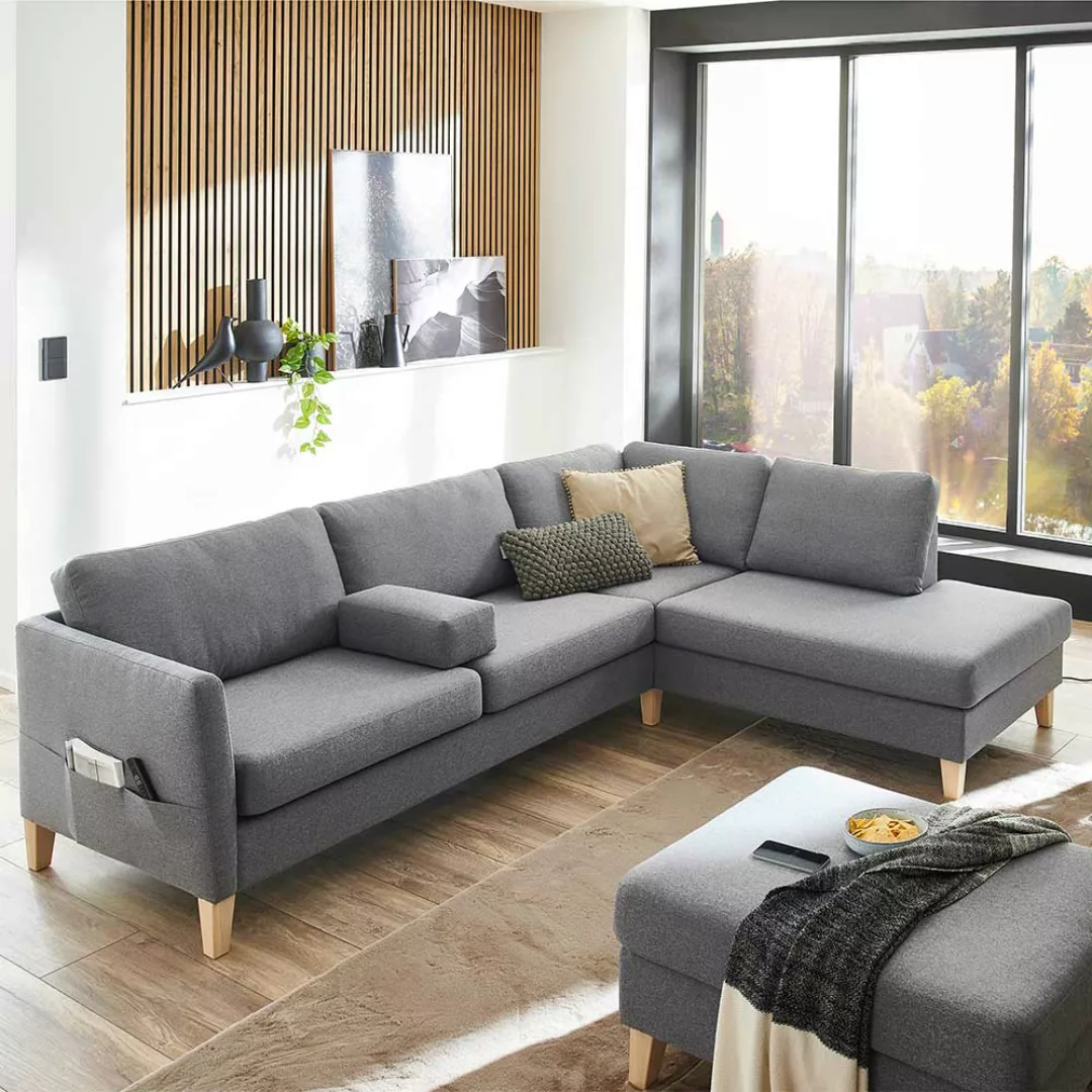 Sofa Eckgarnitur Grau 255 cm breit - 197 cm tief Fußgestell aus Holz günstig online kaufen