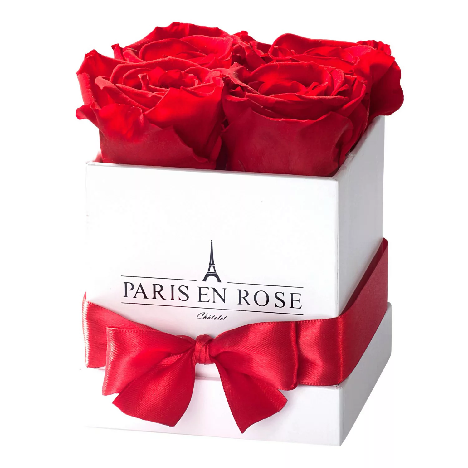 Rosenbox eckig Weiß mit Schleife und 4 Roten Rosen günstig online kaufen