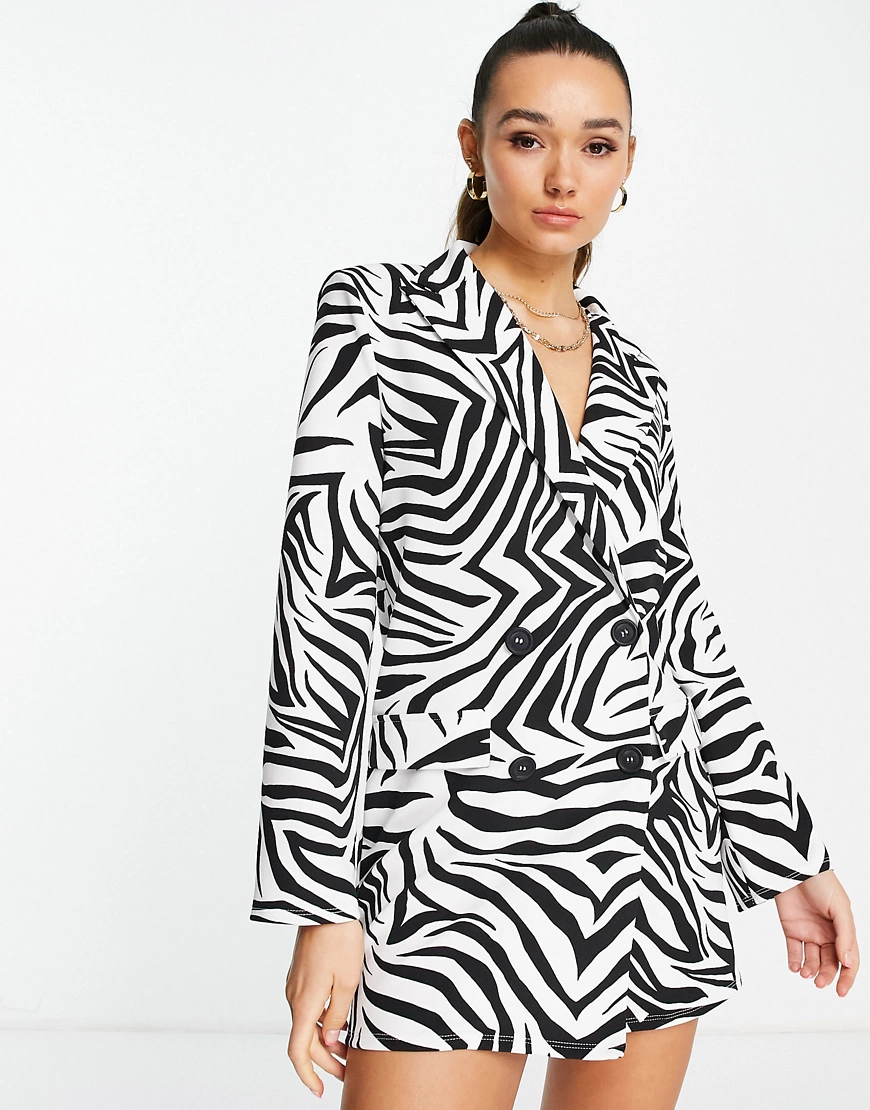ASOS DESIGN – Kastiges Oversize-Blazerkleid mit Zebramuster in Schwarz-Weiß günstig online kaufen