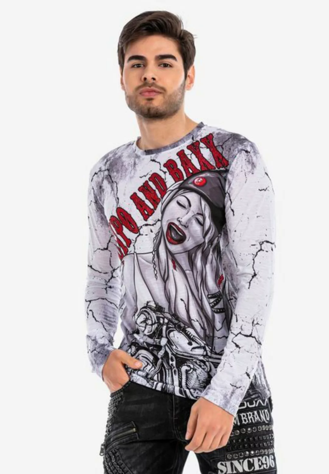 Cipo & Baxx Langarmshirt mit Motorrad-Prints günstig online kaufen