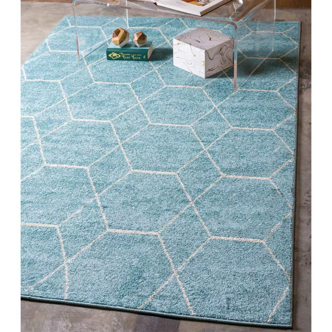 Skandi Stil Teppich in Hellblau und Cemefarben geometrischem Muster günstig online kaufen