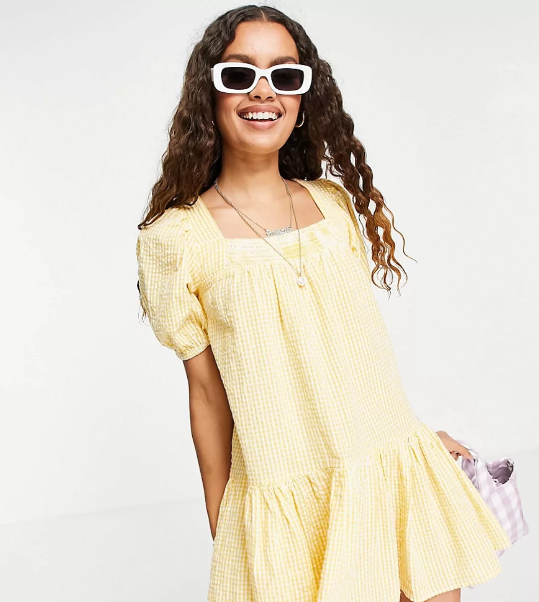 New Look Petite – Minikleid in hellem Gelb mit eckigem Ausschnitt günstig online kaufen