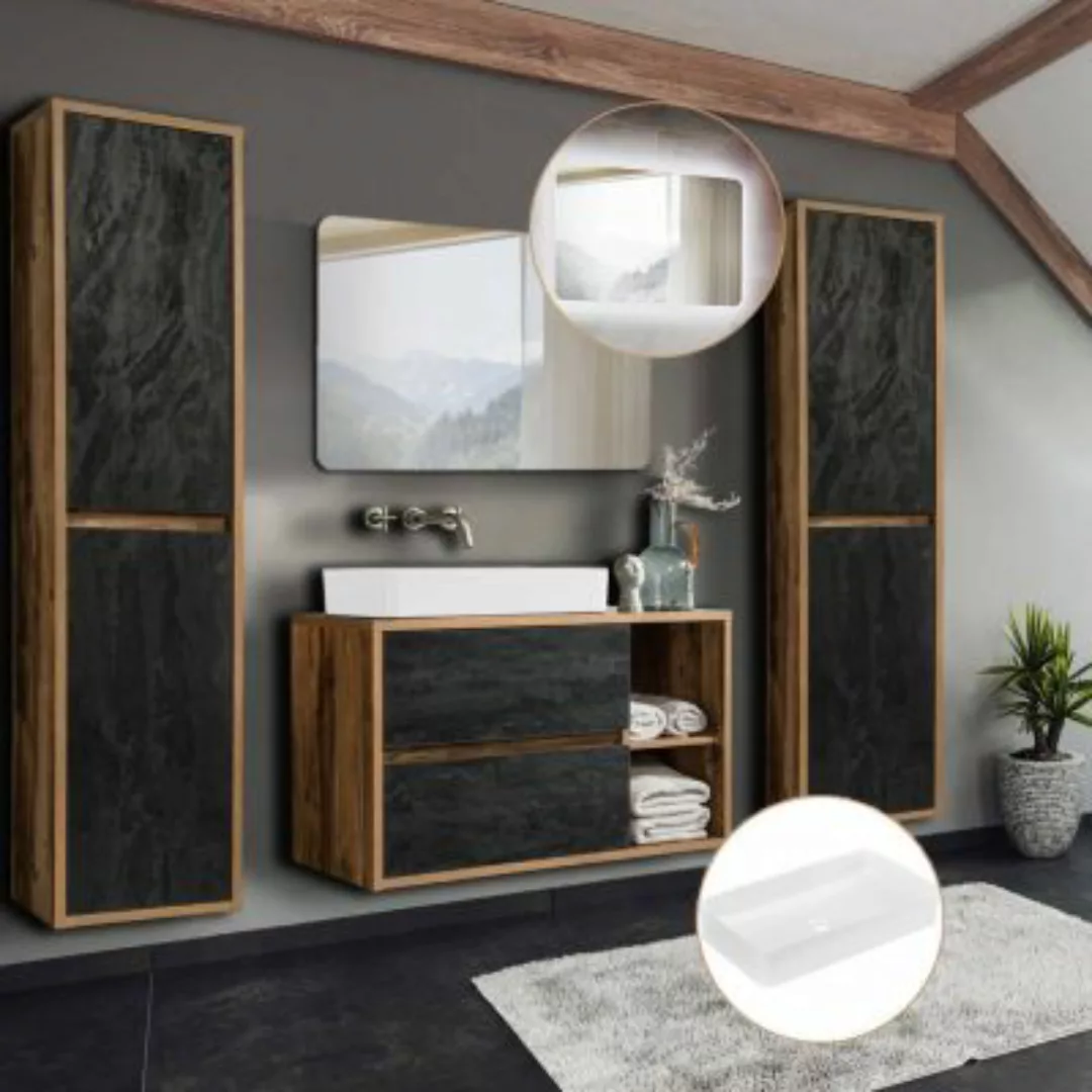 Lomadox Badezimmermöbel Komplett Set Eiche mit Beton Nb. HARLOW-56 100 cm W günstig online kaufen