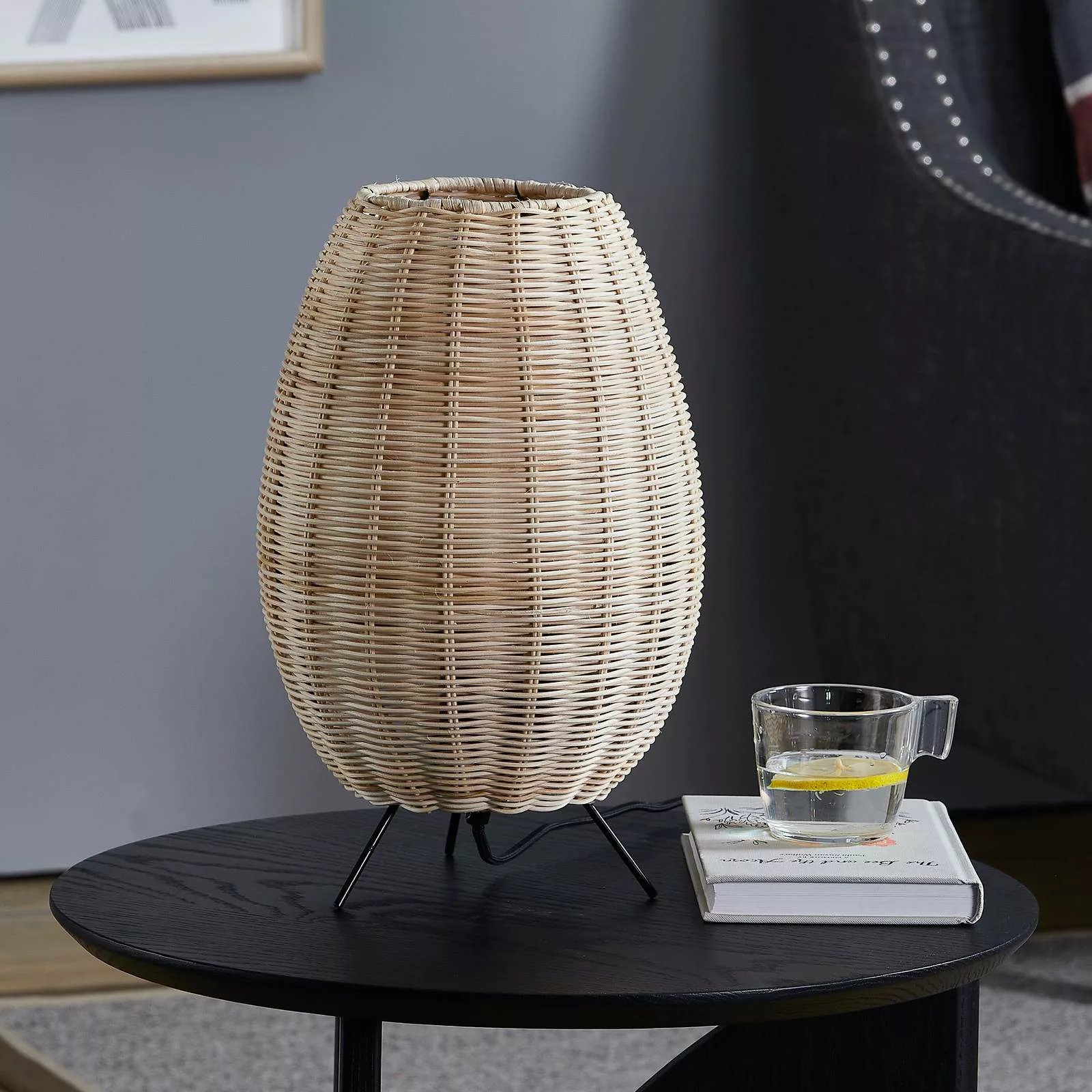 Lindby Tischleuchte Oliana, Rattan, Ø 23 cm, E27 günstig online kaufen