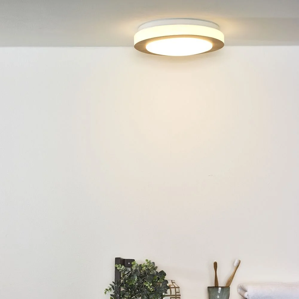 LED Deckenleuchte Dimy aus Stahl mit Deko-Ring in Holzfarben 3000K dimmbar günstig online kaufen