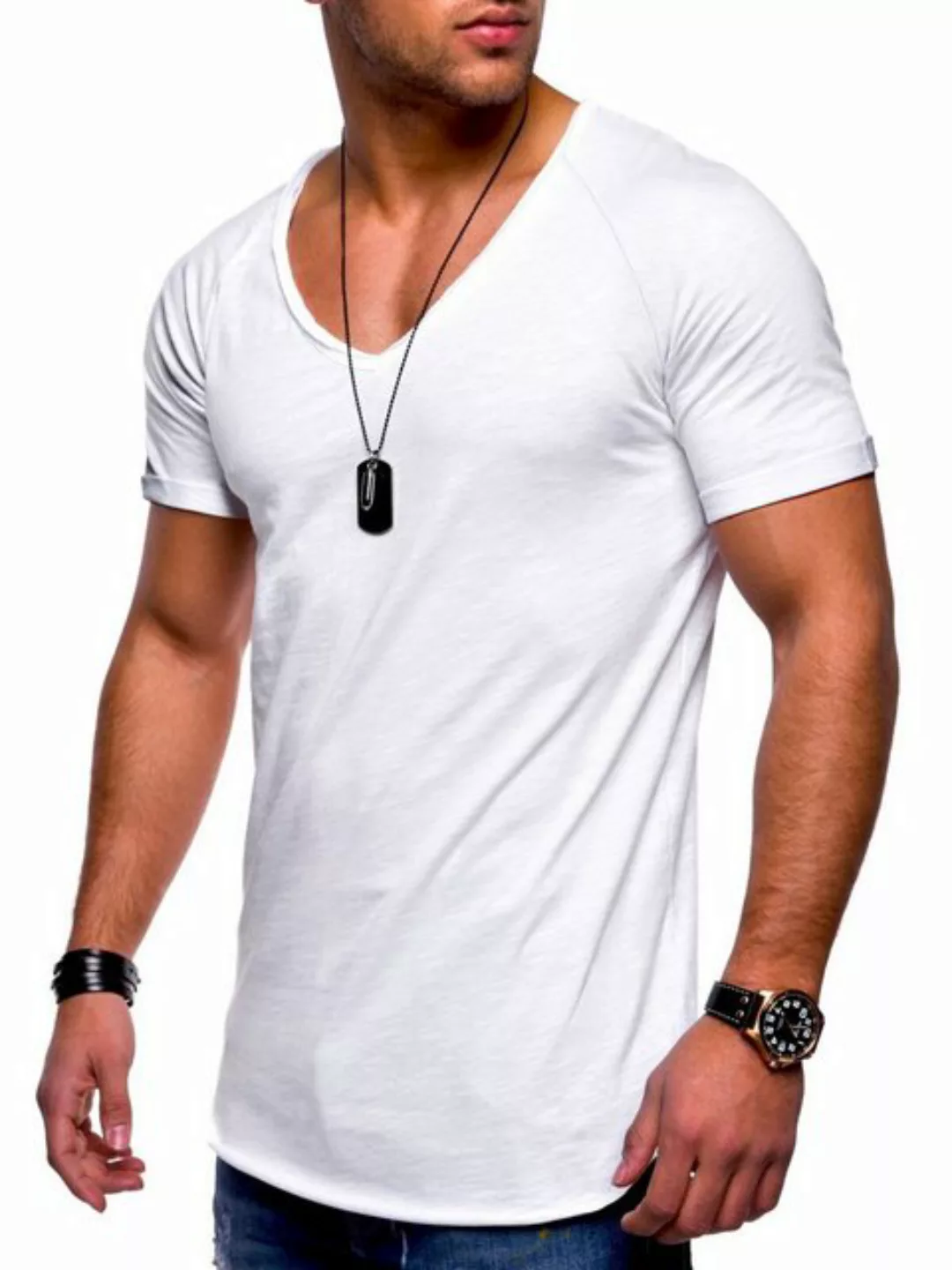 behype T-Shirt BHSOLIN Herren Basic Kurzarm V-Neck Oversized Shirt V-Aussch günstig online kaufen